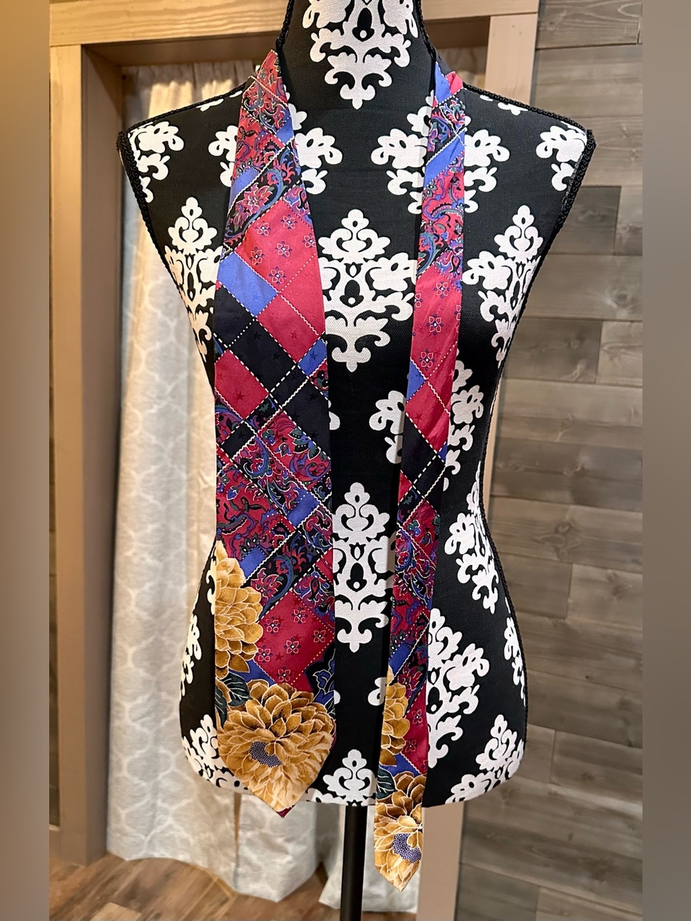 Vintage Sharper Image Silk Floral & Patchwork Print Long Tie Red, Blue, Gold